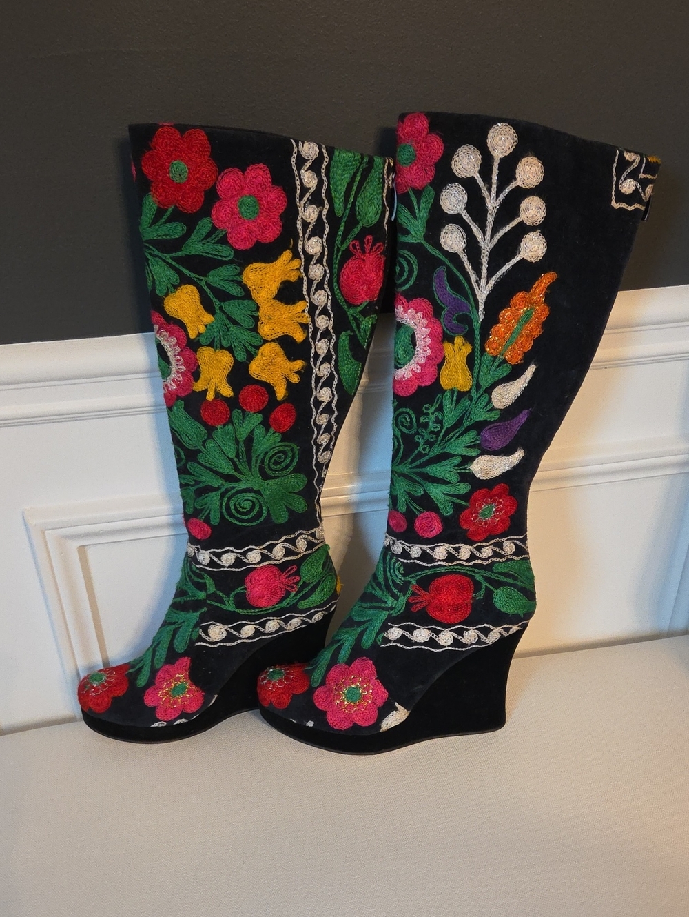 Rockwell Tharp Black Floral Embroidered Wedge Knee-High Boots